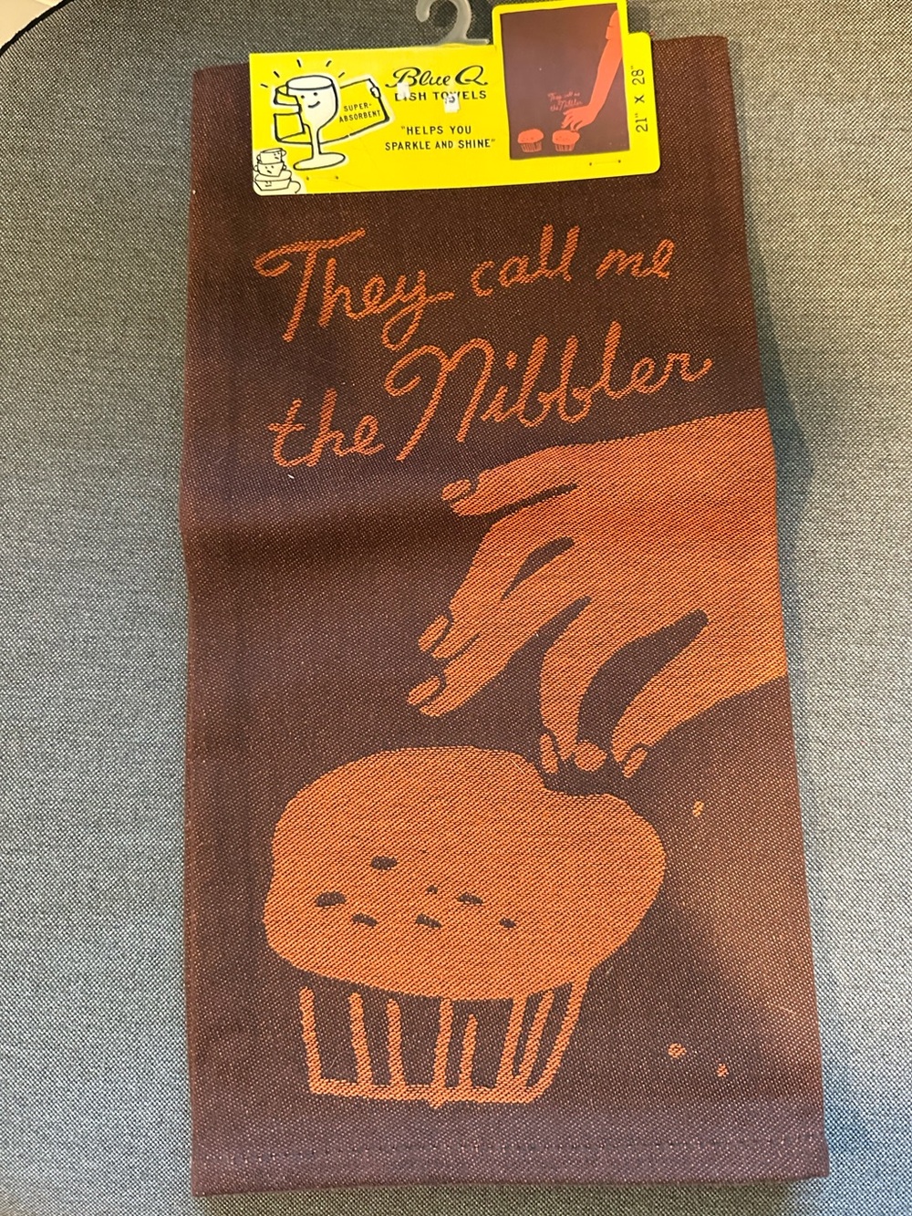 NEW Blue Q 'They Call Me The Nibbler' Kitchen Dish Towel Brown & Orange. Cotton